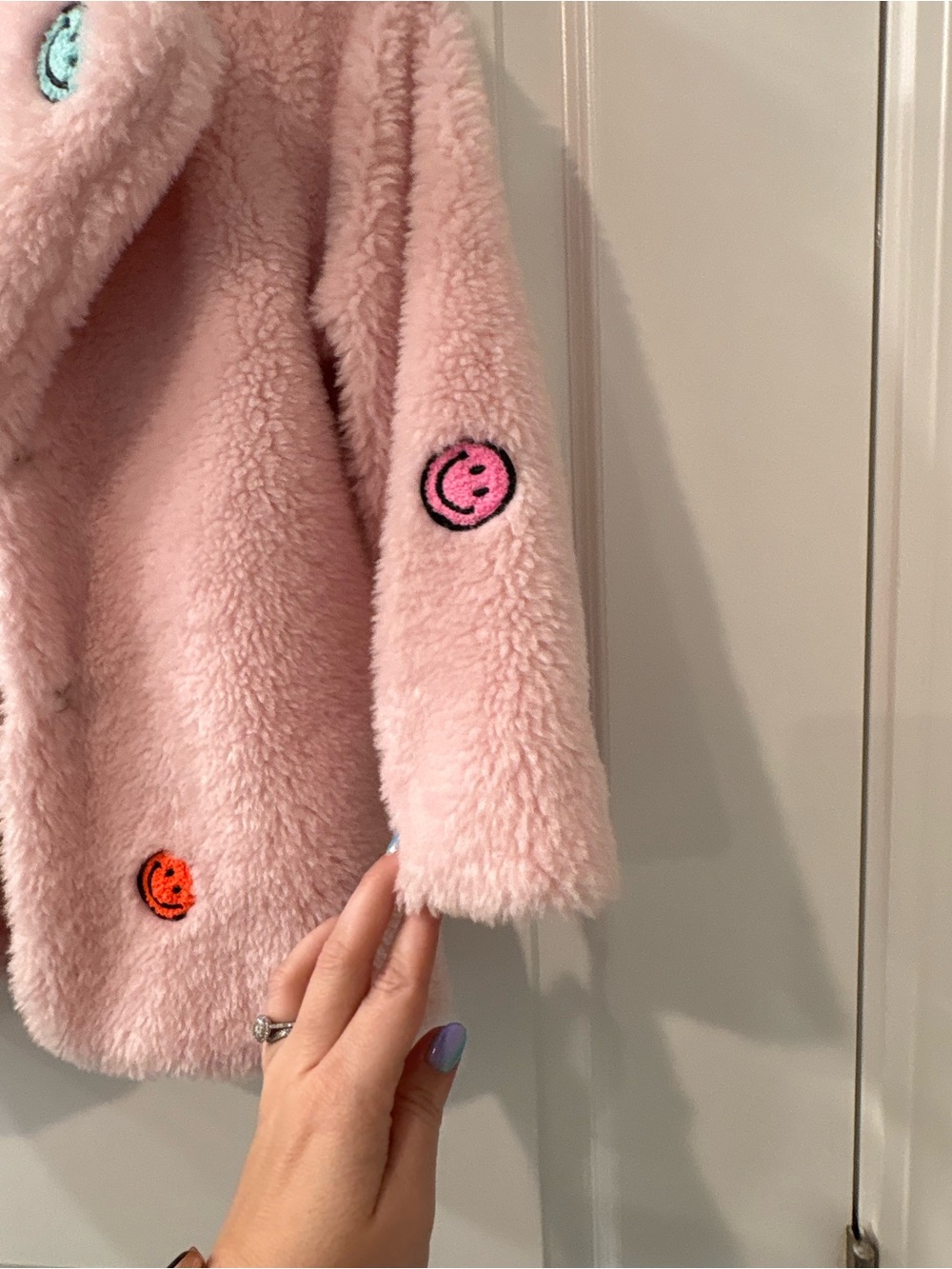 Dreamers Light Pink Faux Fur Puffer Jacket with Smiley Patches - Picture 2 of 5